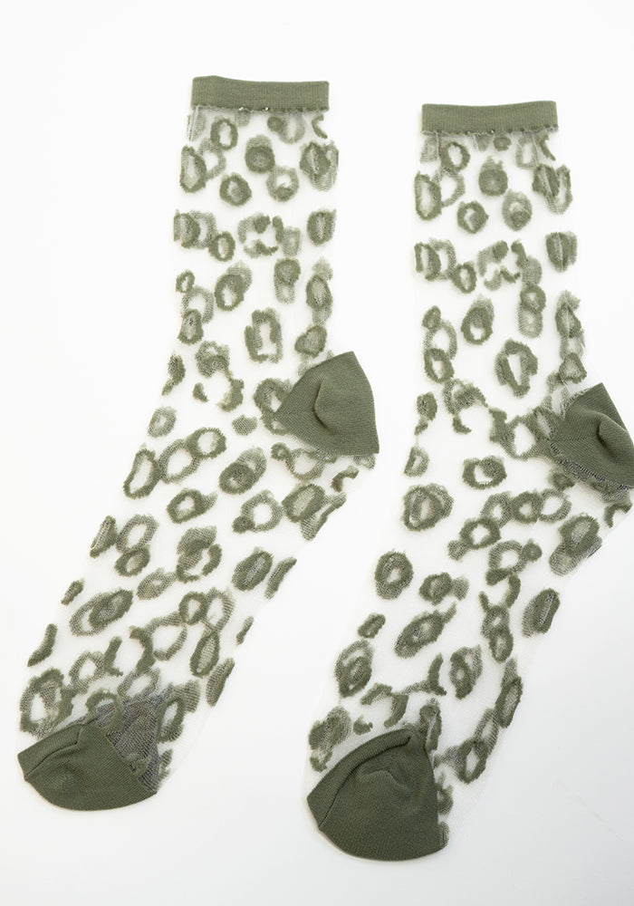 Third angle of Khaki Leopard Sheer Ankle Socks