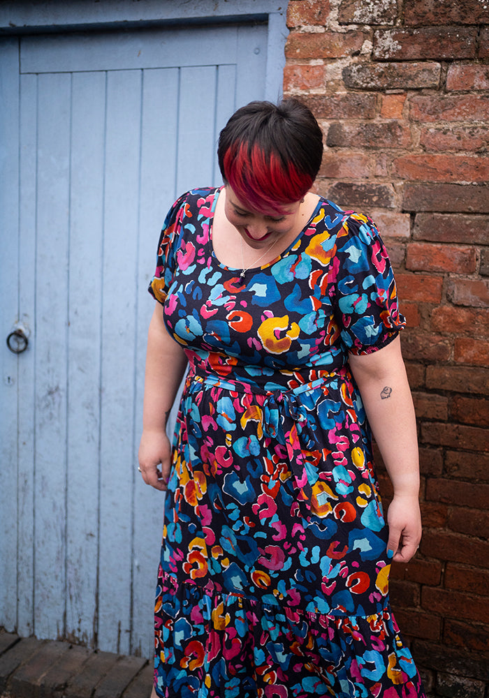 Kathleen Animal Print Tiered Hem Viscose Midi Dress