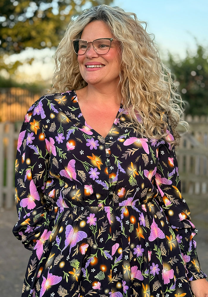 Kezia Illuminated Moth Print Handkerchief Hem Dress