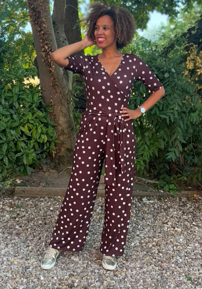 Kiri Chocolate &amp; Ecru Spot Full Length Jumpsuit