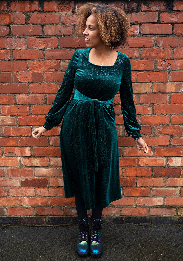 Kirsten Bottle Green/Silver Glitter Midi Dress