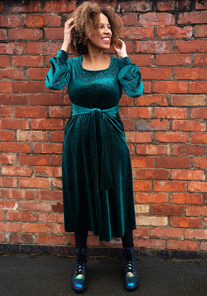 Kirsten Bottle Green/Silver Glitter Midi Dress