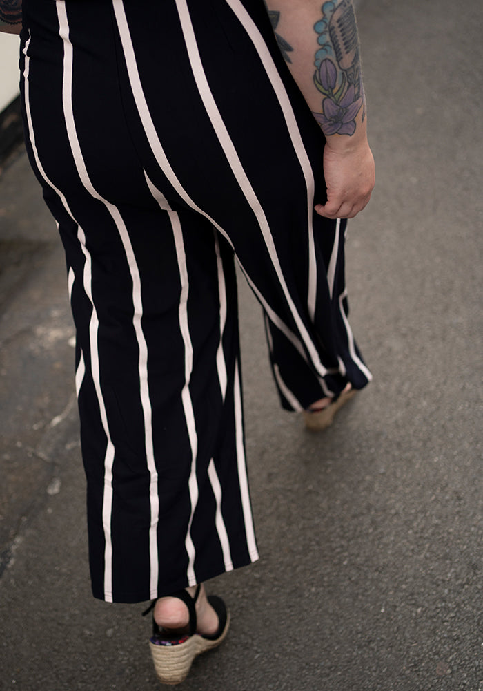 Second angle of Lydia Navy &amp; Light Pink Stripe Viscose Culotte Jumpsuit