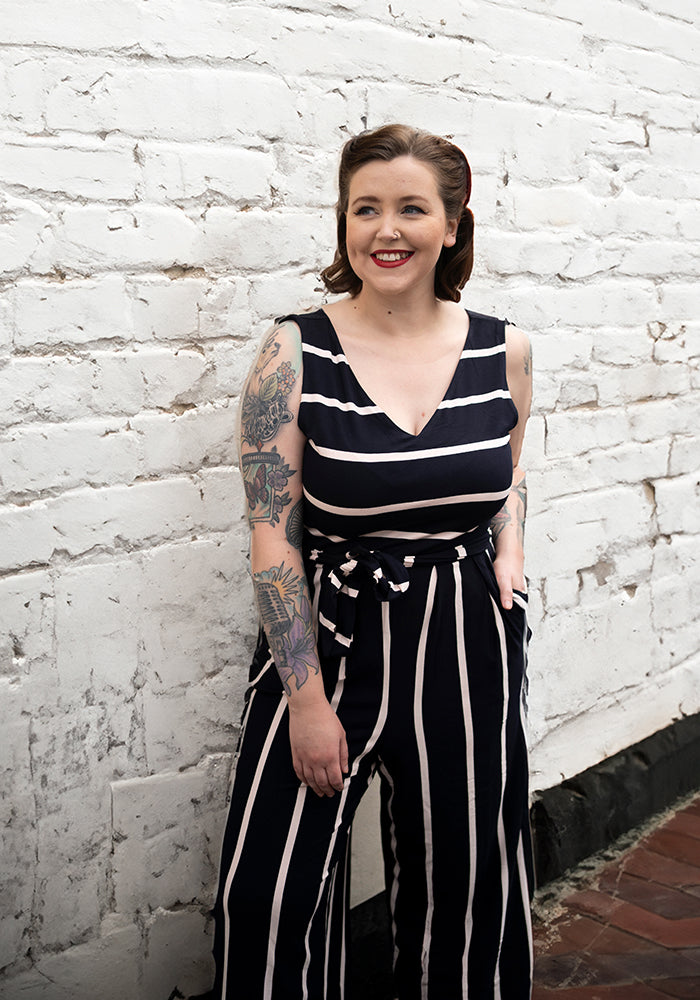 Fourth angle of Lydia Navy &amp; Light Pink Stripe Viscose Culotte Jumpsuit