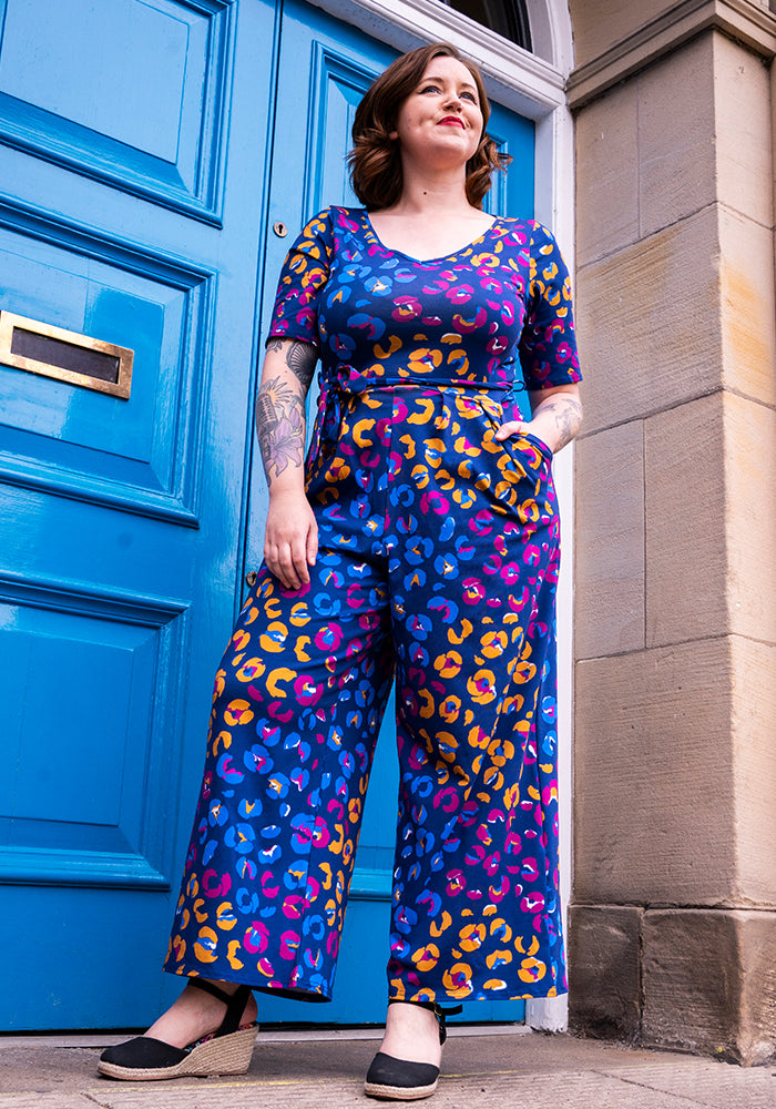Front view of Eva Animal Patchwork Print Cotton Culotte Leg Jumpsuit