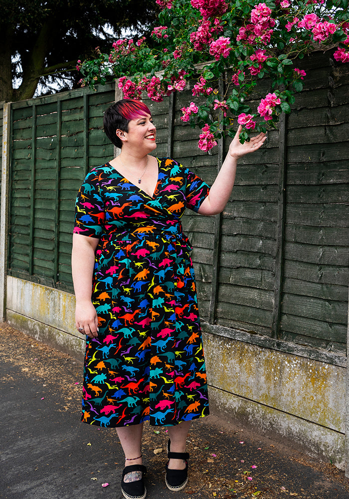Front view of Adelphi Multicoloured Dinosaur Print Cotton Midi Dress