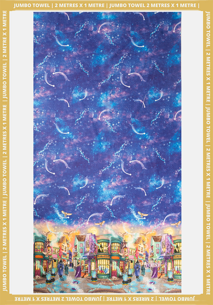 Front view of Magical Street Print Jumbo Bath Sheet, a jumbo bath sheet with a magical street inspired print.
