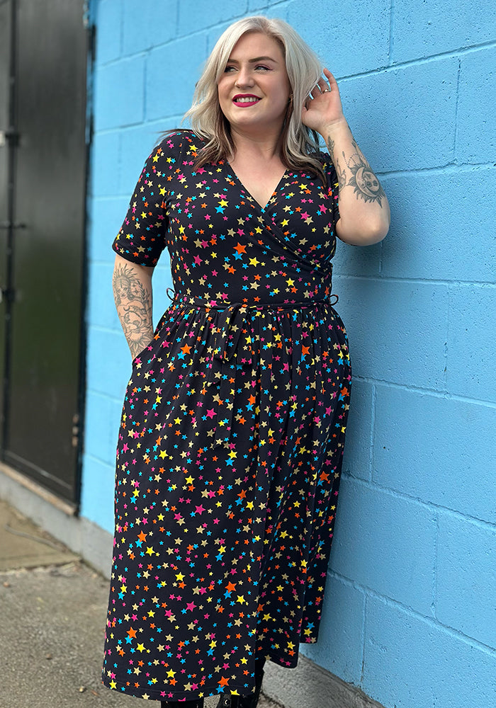 Front view of Moxie Stars Print Summer Cotton Statement Midi Dress
