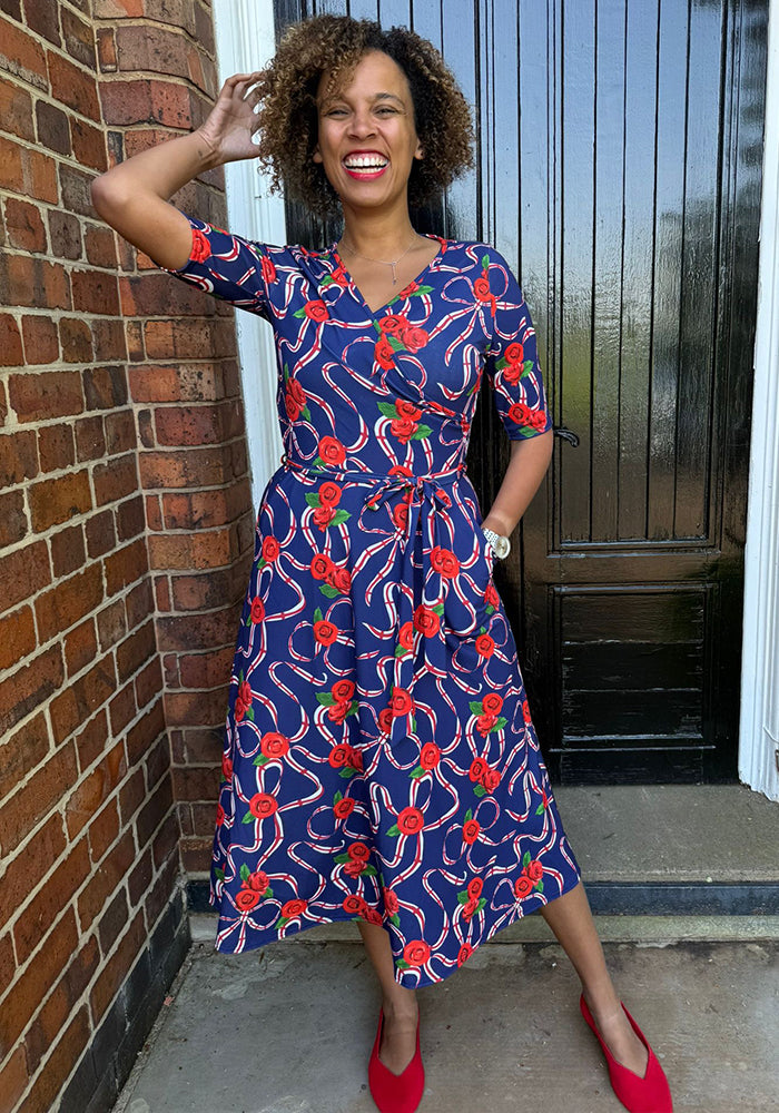 Front view of Navy England Print Wrap Midi Jersey Dress