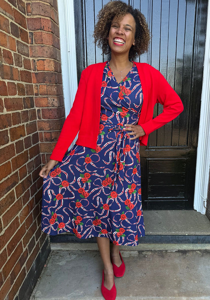 Fourth angle of Navy England Print Wrap Midi Jersey Dress