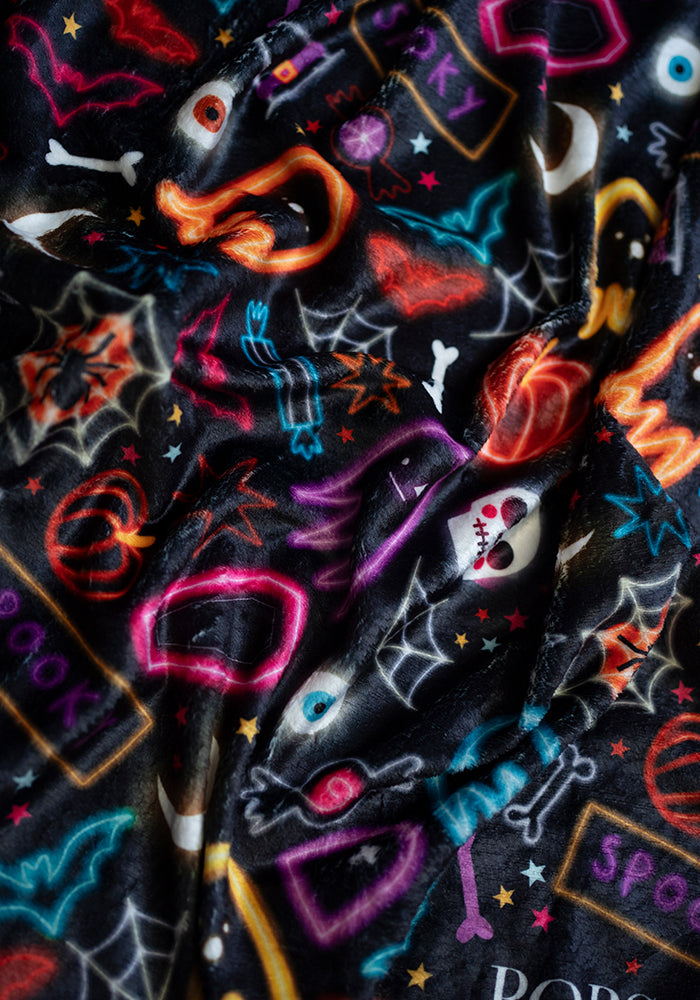Extra Long Neon Spooky Fun Print Plush Throw Blanket (Pop-Under)