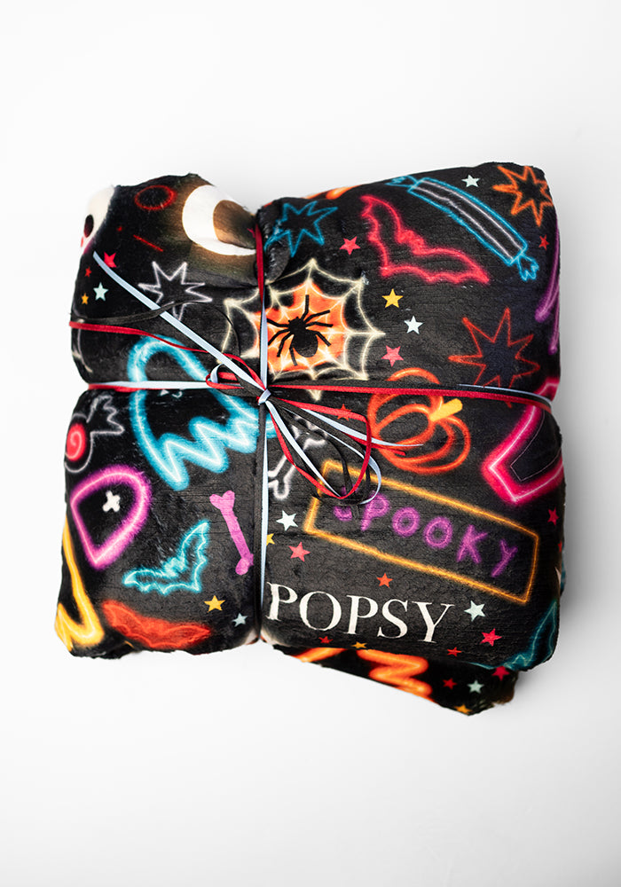 Extra Long Neon Spooky Fun Print Plush Throw Blanket (Pop-Under)