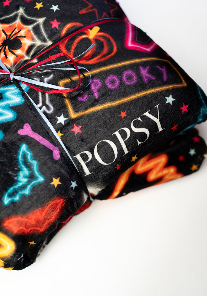 Extra Long Neon Spooky Fun Print Plush Throw Blanket (Pop-Under)