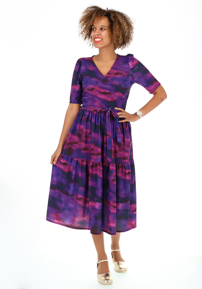 Front view of Portia Purple Ombre Print Midi Dress, our jersey is a smooth, stretchy fabric known for its comfort and ease.