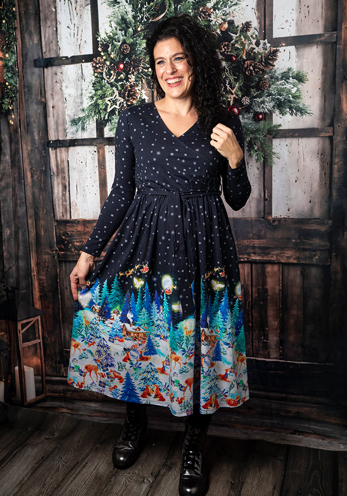 North Christmas Woodland Animal Print Midi Cotton Dress