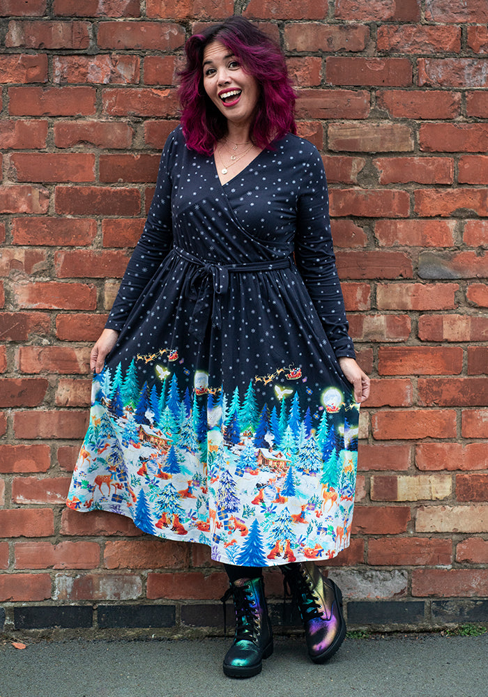 North Christmas Woodland Animal Print Midi Cotton Dress