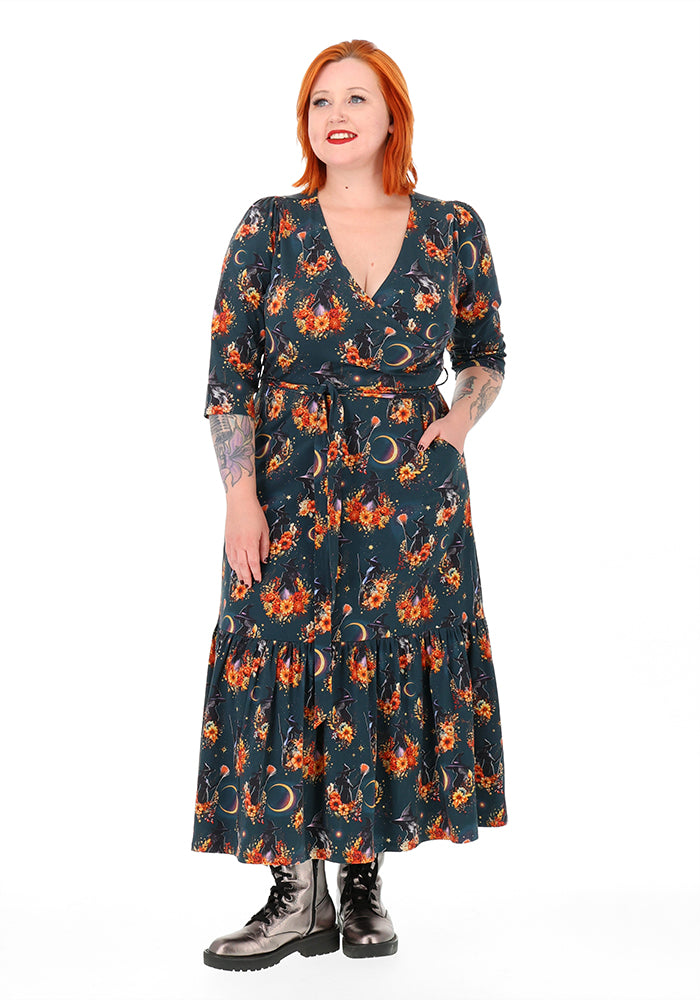 Coraline Witches Print Tiered Hem Cotton Midaxi Dress