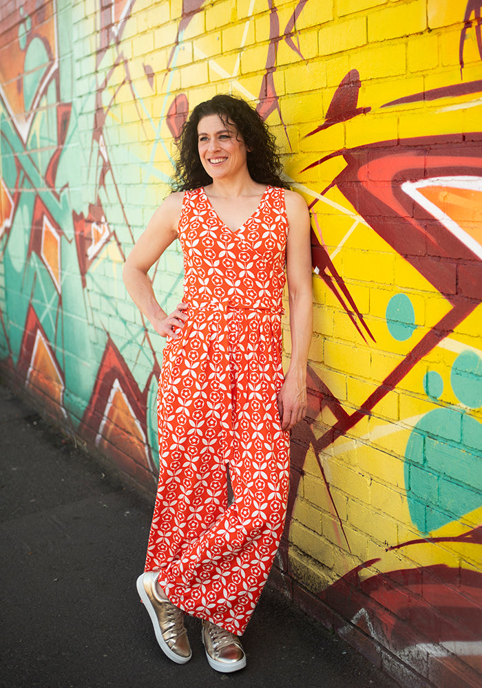 Fifth angle of Ottavia Orange Retro Flower Print Cotton Culotte Jumpsuit
