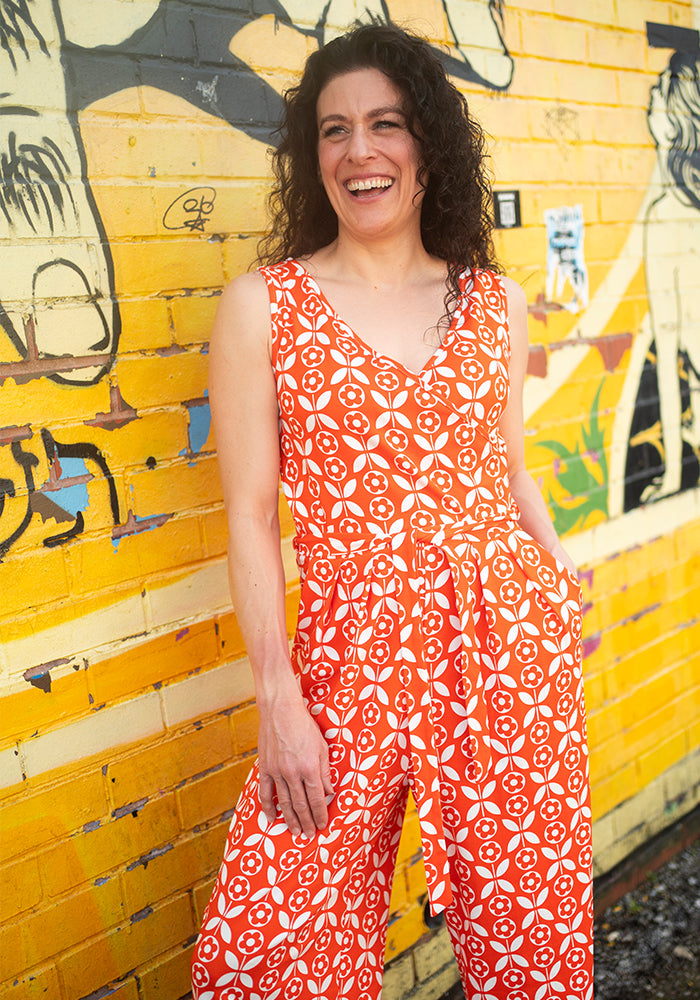 Seventh angle of Ottavia Orange Retro Flower Print Cotton Culotte Jumpsuit