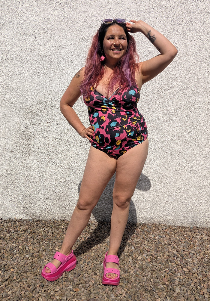 Fourth angle of Pink Animal Print Side Ruched Swimsuit