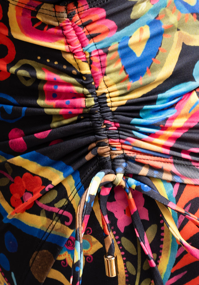 Front view of Painted Paisley Print Side Ruched Swimsuit