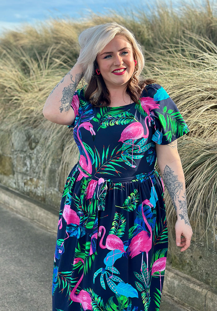 Sixth angle of Patsy Flamingo Print Cotton Midaxi Dress (Navy)