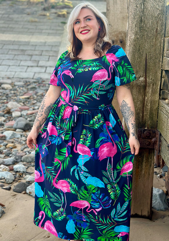 Fourth angle of Patsy Flamingo Print Cotton Midaxi Dress (Navy)