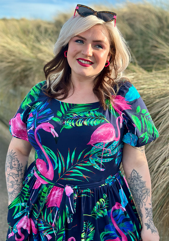 Third angle of Patsy Flamingo Print Cotton Midaxi Dress (Navy)