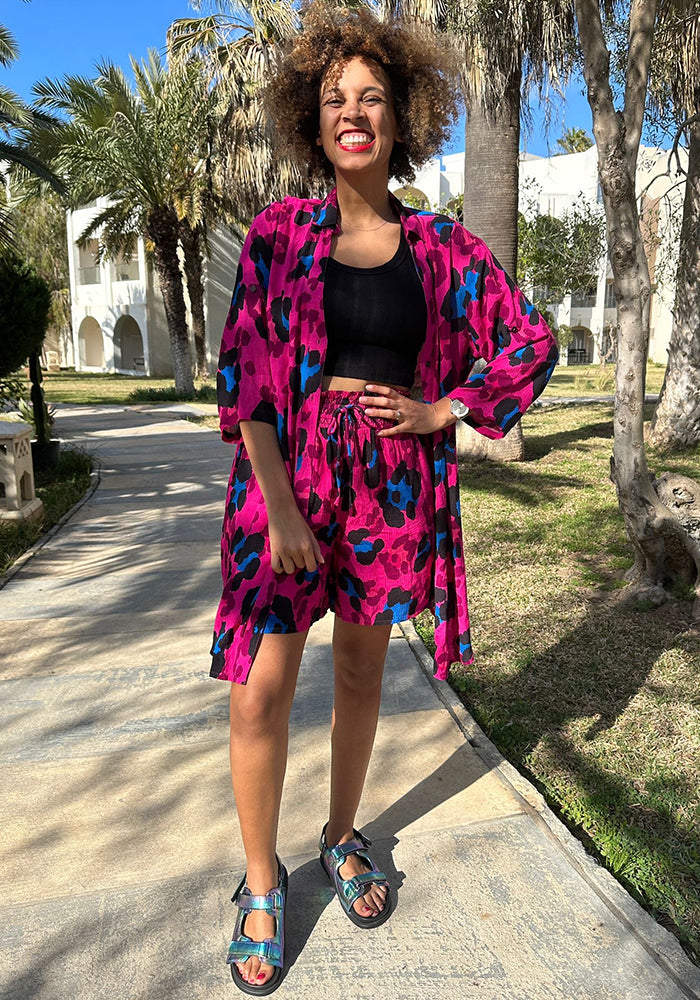 Seventh angle of Lue Large Scale Pink Animal Print Woven Shorts