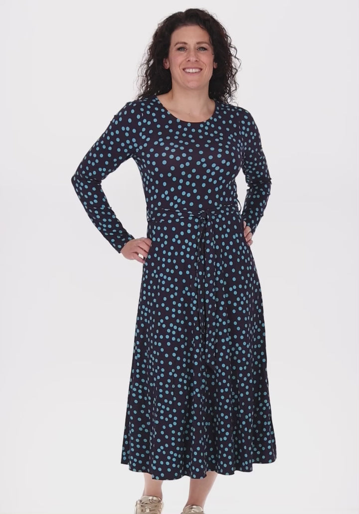 Bailee Navy &amp; Teal Polka Dot Print Viscose Midi Dress
