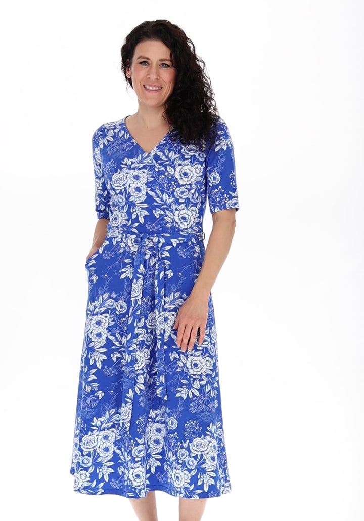 Letticia Blue &amp; White Floral Print Cotton Midi Dress