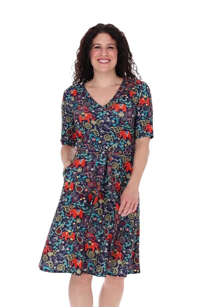 Iza Elephant Navy Paisley Print Dress