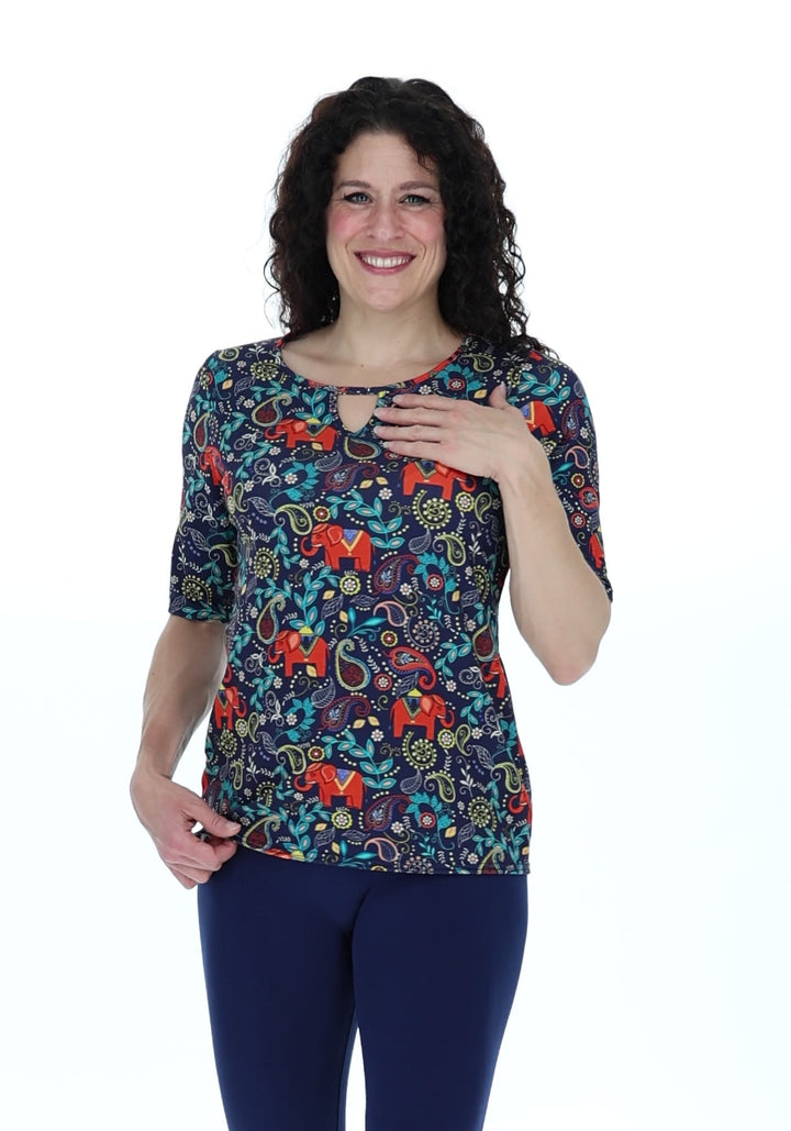 Asta Elephant Navy Paisley Print Notch Neck Top