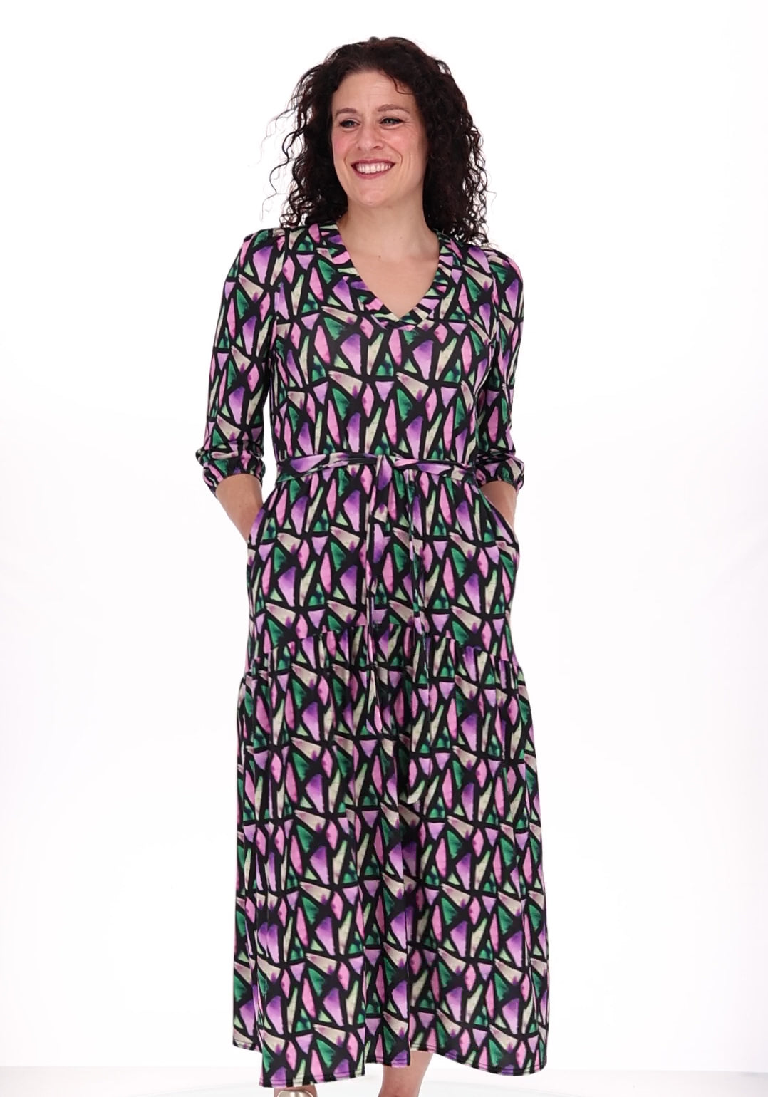 Karolina Colourful Abstract Pieces Print Drop Waist Midaxi Dress