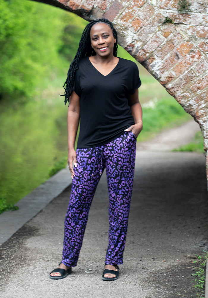 Front view of Taylen Purple Animal Print Viscose Harem Pants