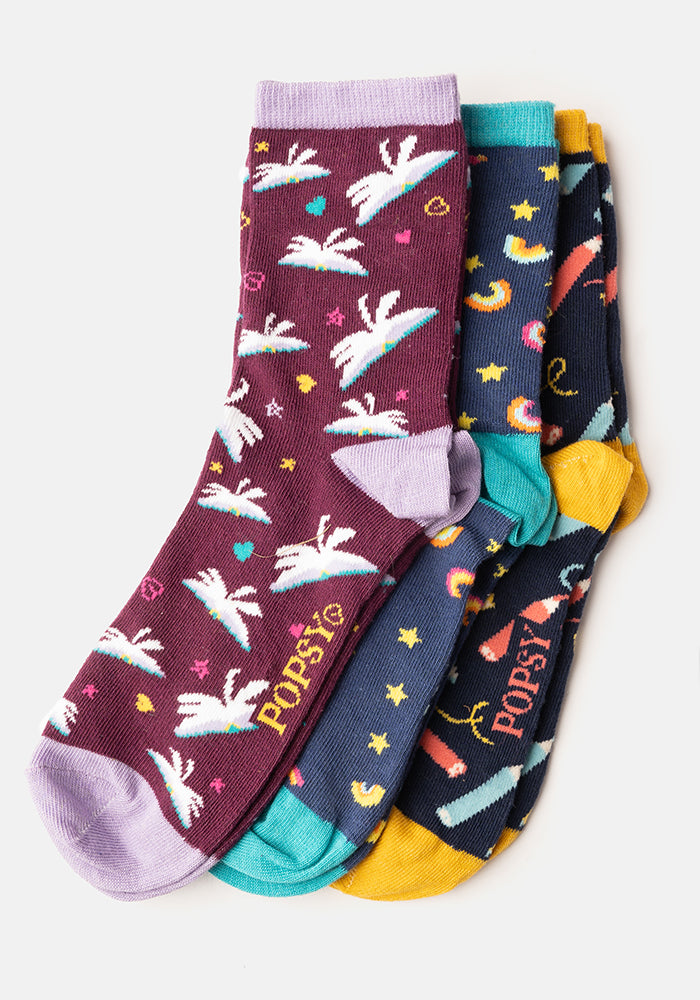 3 Pack Pages, Rainbow & Pencil Knit Socks