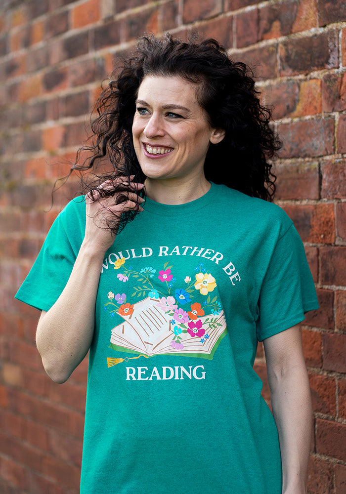 Third angle of Rather Be Reading Graphic Print T-Shirt (Jade)