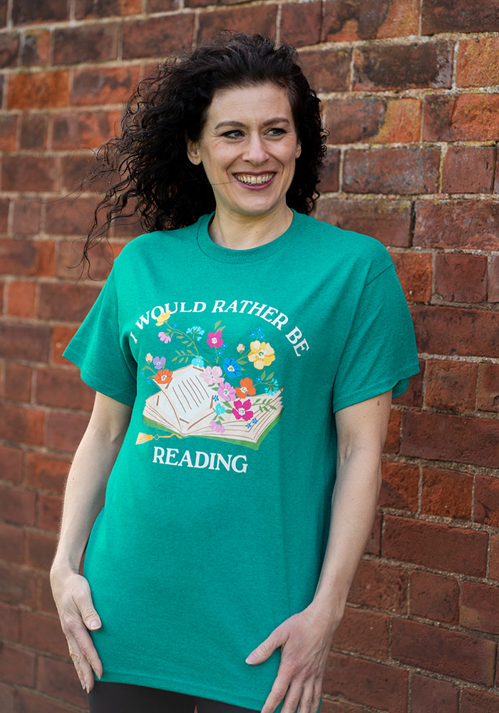 Front view of Rather Be Reading Graphic Print T-Shirt (Jade)
