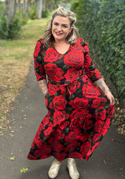 Rosine Red Rose Print Cotton Midaxi Dress