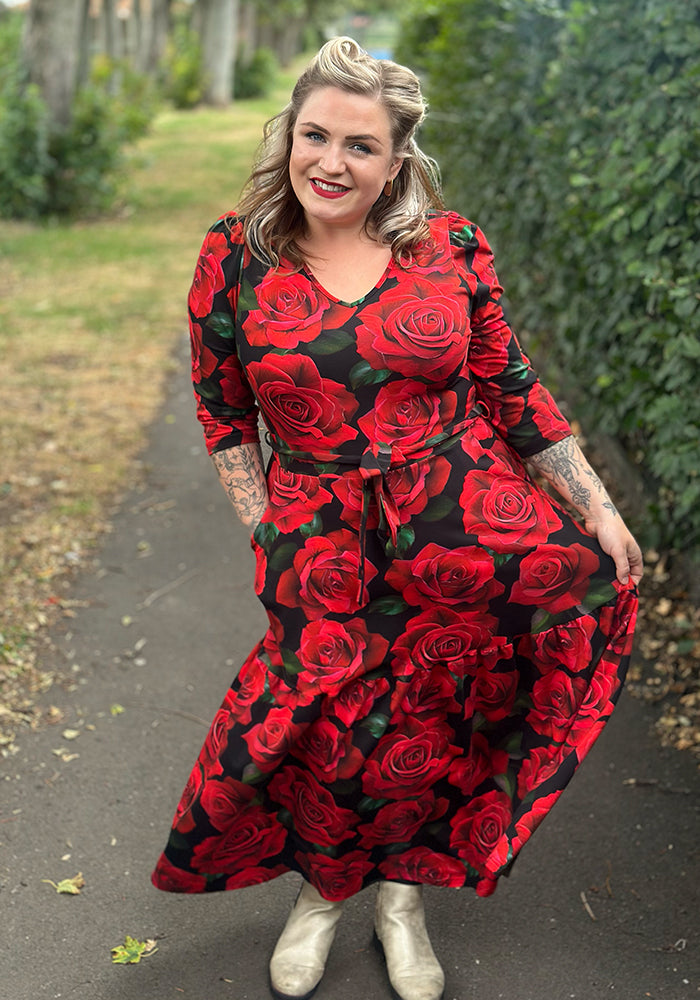 Rosine Red Rose Print Cotton Midaxi Dress