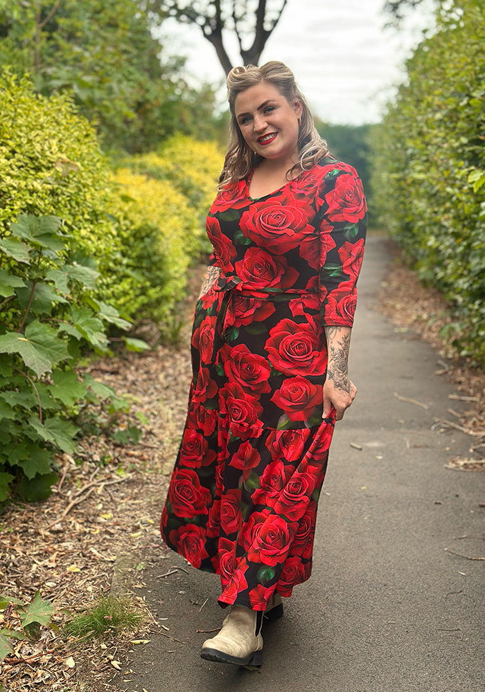 Front view of Rosine Red Rose Print Cotton Midaxi Dress