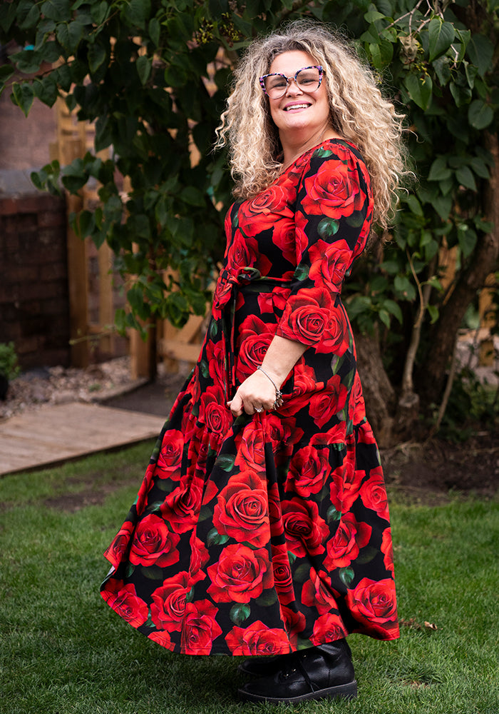 Ninth angle of Rosine Red Rose Print Cotton Midaxi Dress
