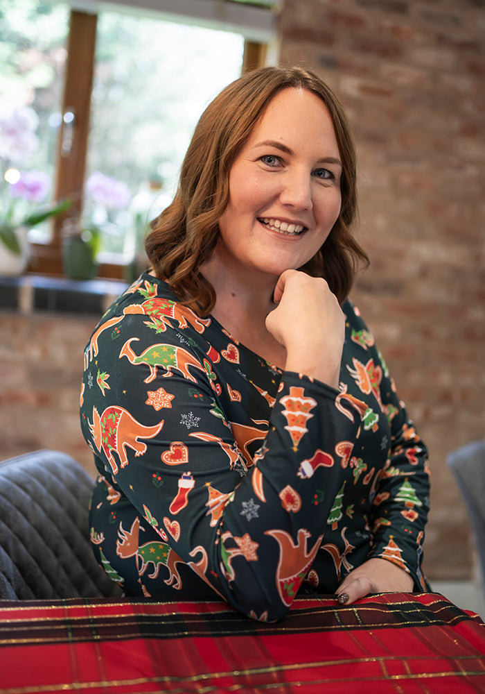 Santasaurus Green Gingerbread Dinosaur Print Dress