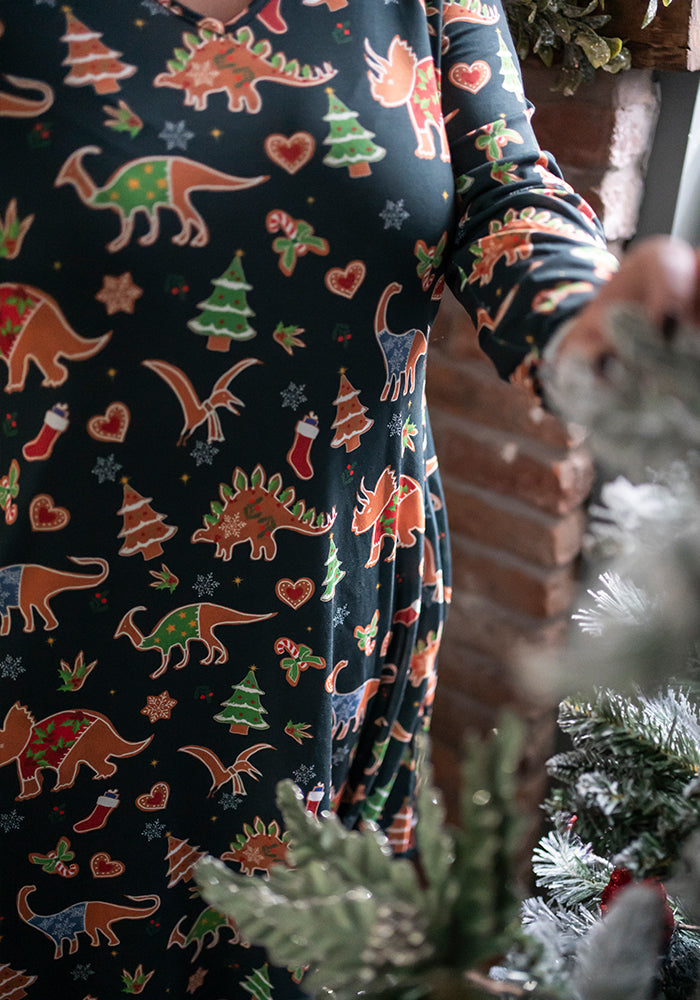 Santasaurus Green Gingerbread Dinosaur Print Dress