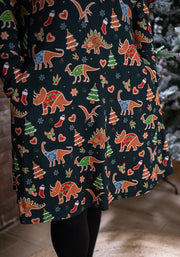 Santasaurus Green Gingerbread Dinosaur Print Dress