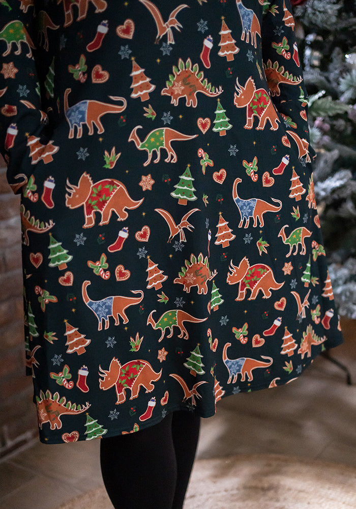 Santasaurus Green Gingerbread Dinosaur Print Dress