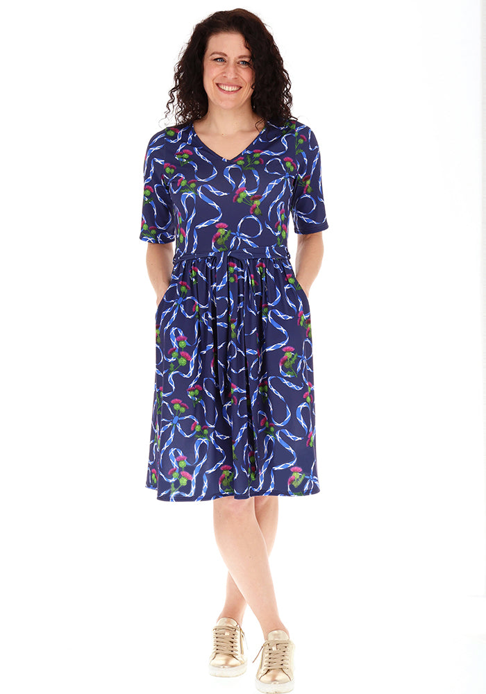 Front view of Navy Scotland Print Gathered Waist Jersey Dress