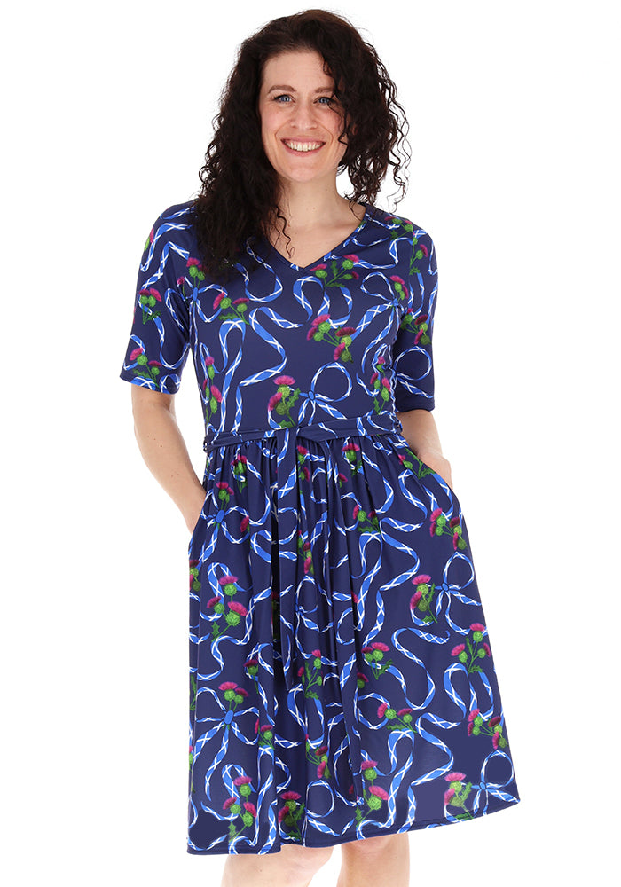 Fourth angle of Navy Scotland Print Gathered Waist Jersey Dress