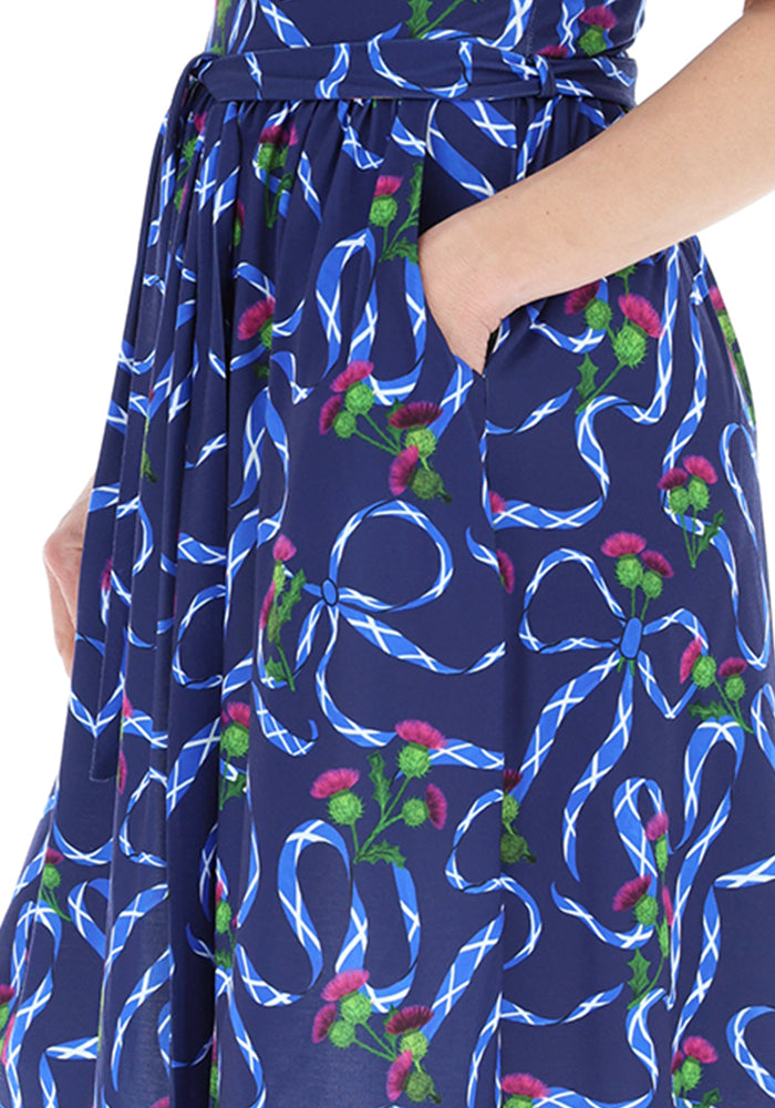Third angle of Navy Scotland Print Gathered Waist Jersey Dress