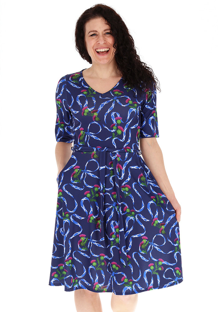 Front view of Navy Scotland Print Flat Waist Jersey Dress